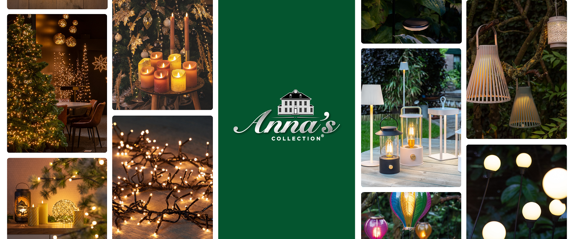 Collage van decoratieve binnen- en buitenverlichting uit de collectie van Anna’s Collection.